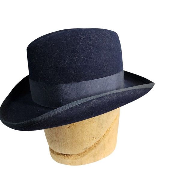 Reed Hill Fur Blend Hat Size 7 Custom Made Navy Blue With Band and Feather - Picture 7 of 13